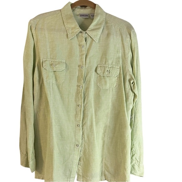 Chico's Light Green 100% Linen Gingham Button-Up Blouse Sz XL - Picture 2 of 9